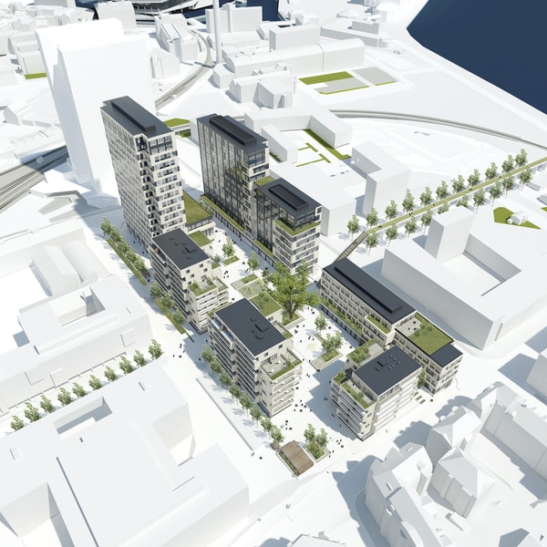 Oversigt over Frederiks Plads bygninger med fokus på erhverv
